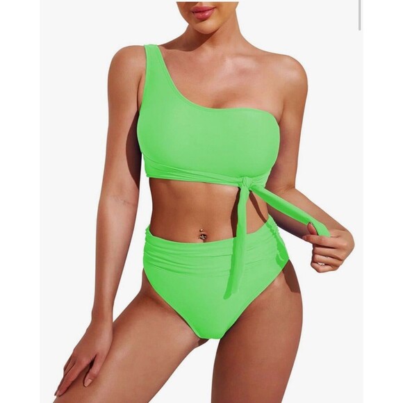 One Shoulder High Waisted Bikini Set Two Piece Tie High Leg Swimsuit green Small - Picture 1 of 13